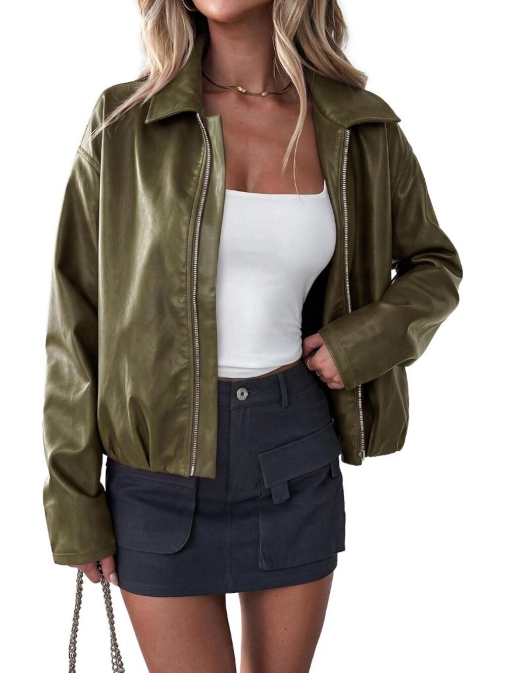 Women's Green Faux Leather Zippered Front Motorcycle Jackets With Long Sleeves